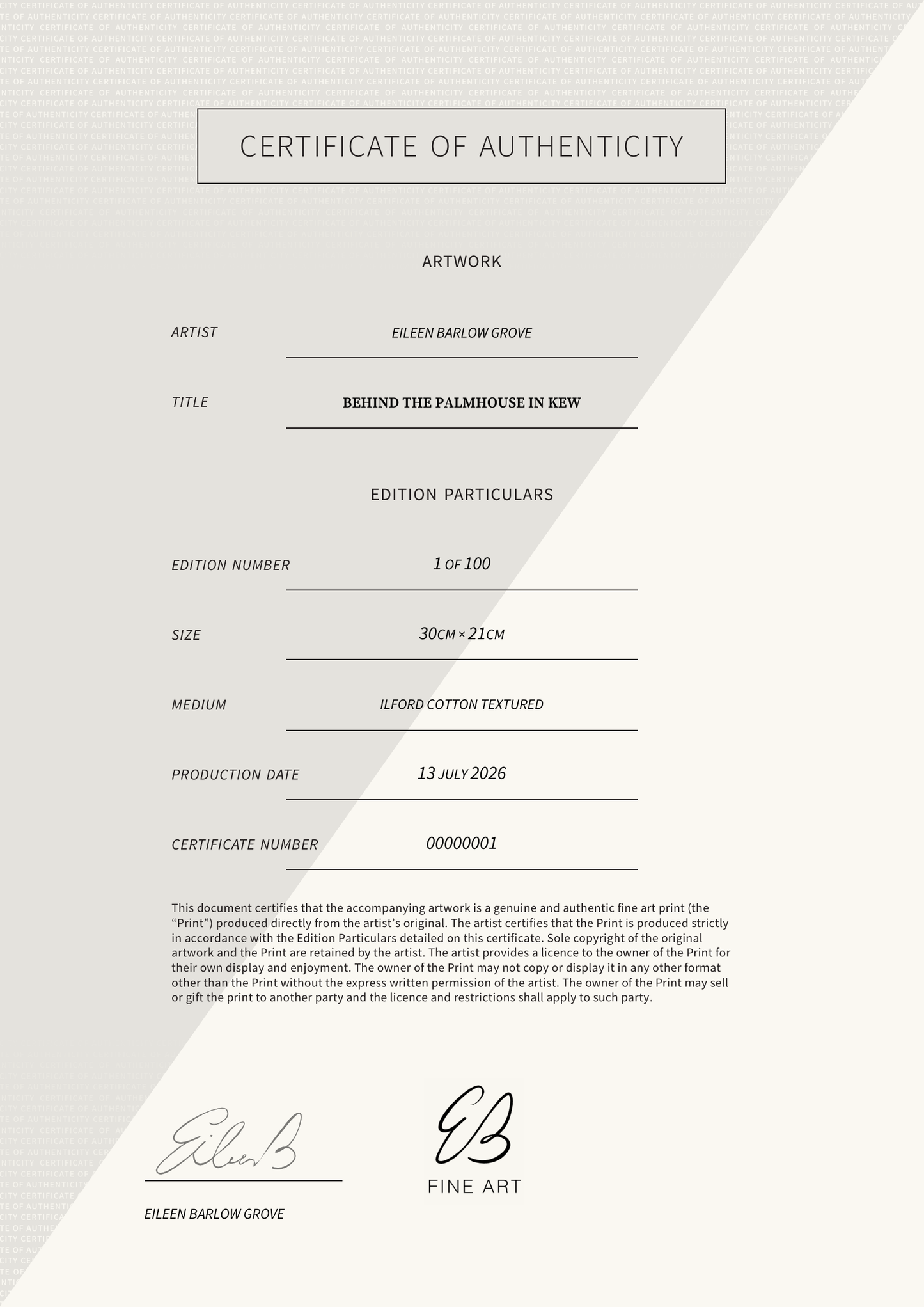 Behind the Palmhouse in Kew — Certificate of Authenticity