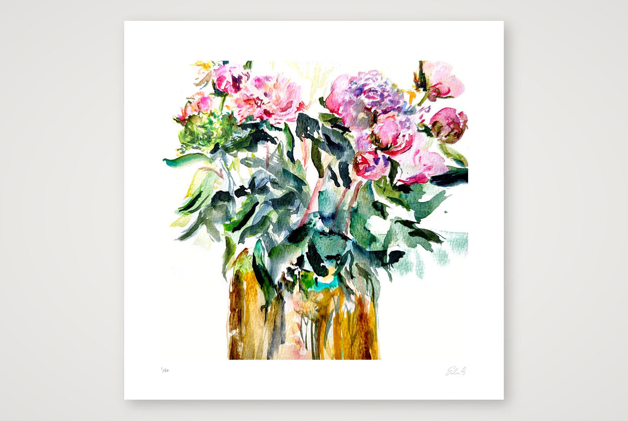 Peonies in Golden Vase — 18×18cm, 7×7" Print only