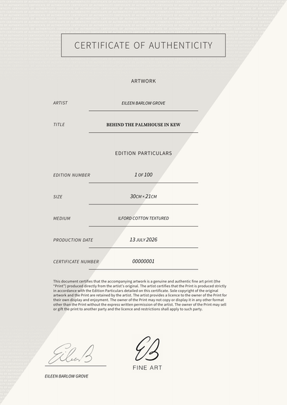 Behind the Palmhouse in Kew — Certificate of Authenticity
