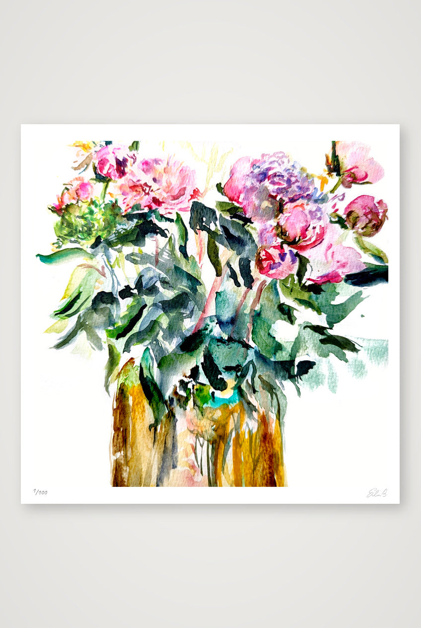 Peonies in Golden Vase — 30×30cm, 12×12" Print only