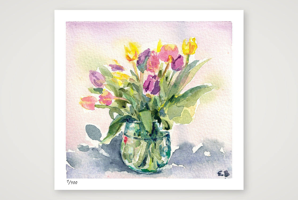Tulips in Glass — 18×17cm, 7×7" Print only